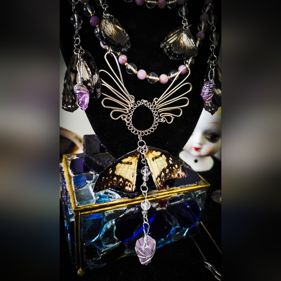 Artisan Necklace, Earring Set - Real Butterfly Wings, Crystal Beads, Upcycled - Picture 2 of 4
